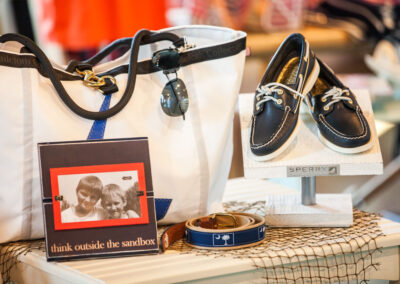 Marina Store Merchandise - Sperry topsiders, picture frames, belts and bags.